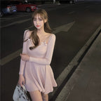 Bow Knot Long Sleeve Waist Knit Dress   HA2131