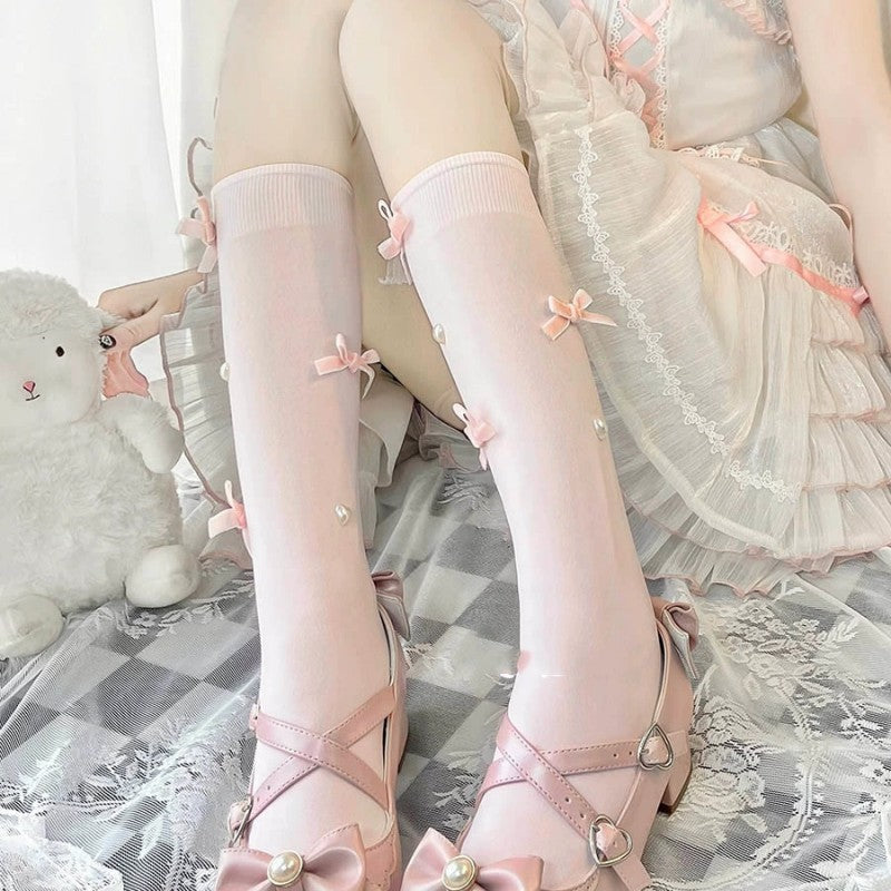 Pearl Bow Ballerina Calf Socks   HA1951
