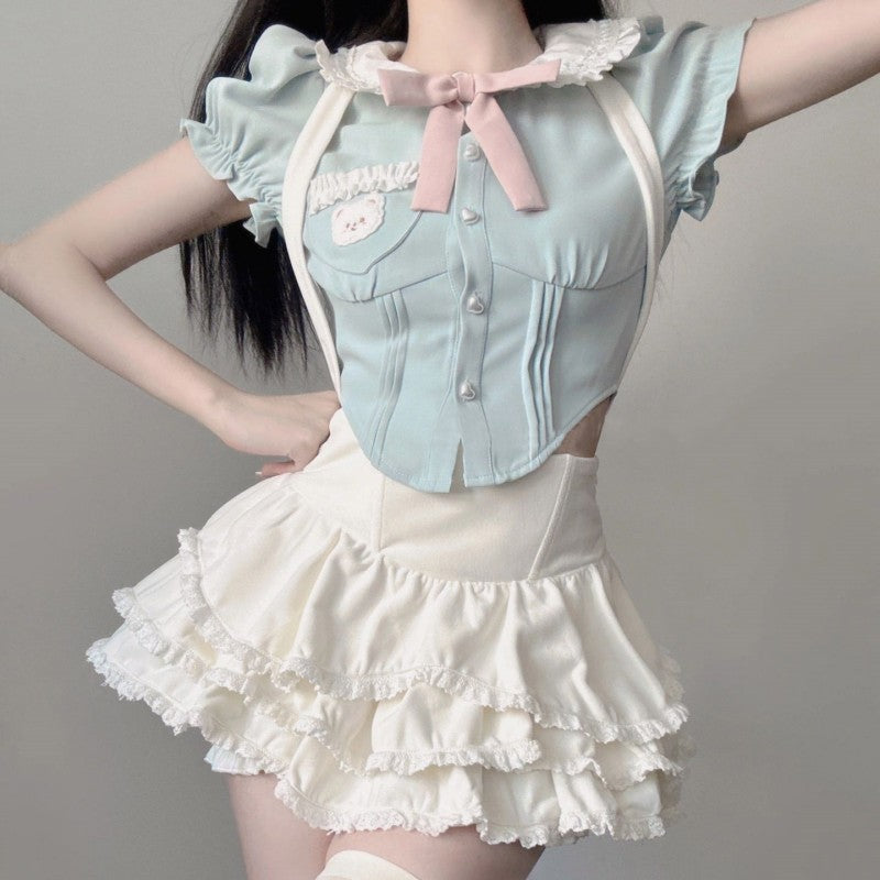 Doll collar top suspenders cake skirt sweet two-piece set   HA1955