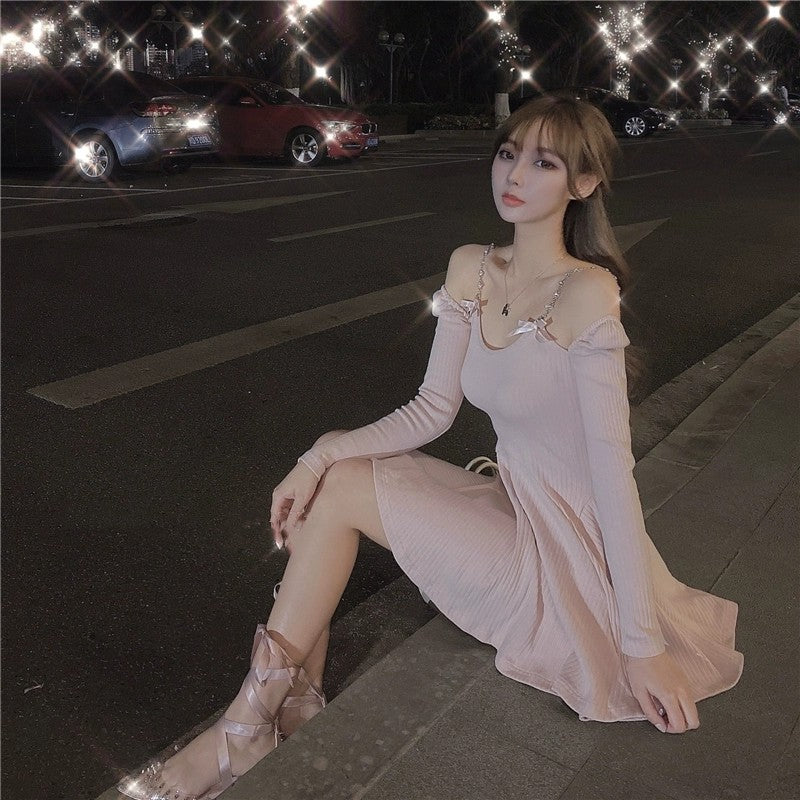Bow Knot Long Sleeve Waist Knit Dress   HA2131