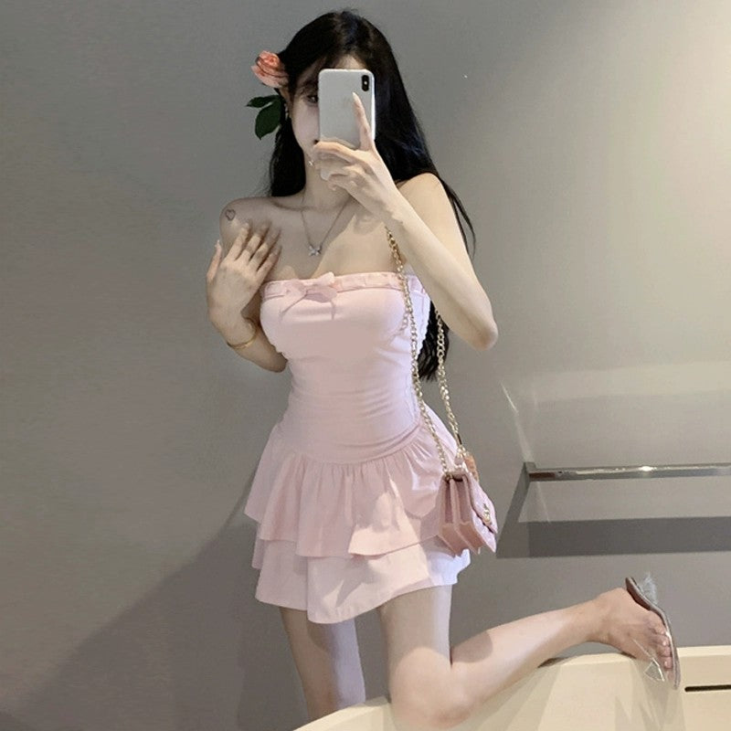 Pink One Shoulder Strapless Dress   HA1863