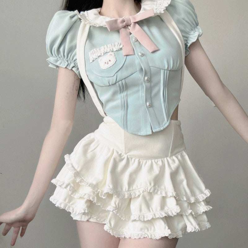 Doll collar top suspenders cake skirt sweet two-piece set   HA1955