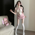 Striped Short Sleeve Shirt Pink Skirt Two-Piece Set  HA2175