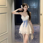 Mesh panel dress with bowknot   HA2018