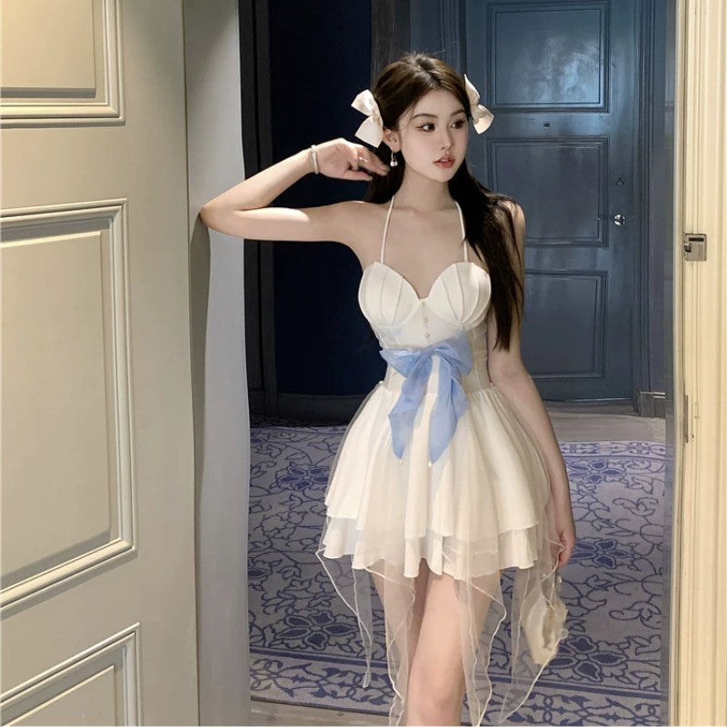 Mesh panel dress with bowknot   HA2018