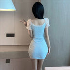 Blue Slim Gathered Dress   HA2045
