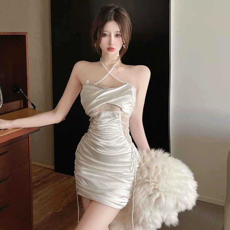 Halter Neck Pearl Chain Panel Dress   HA1808