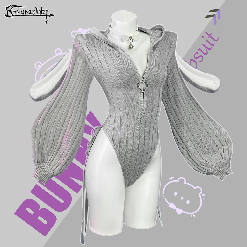 Chic Grey Bunny Ear Hoodie Bodysuit KO64