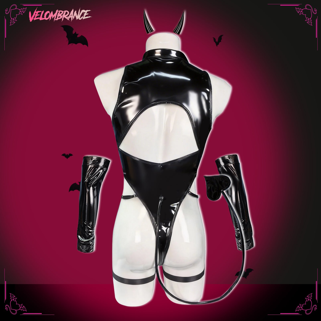 Devil Shiny Leather Strap Bodysuit （5-Piece Set）AS01