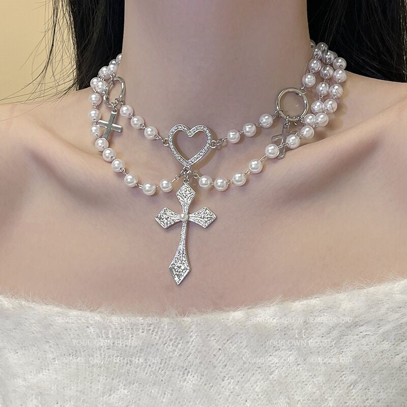 Heart Pearl Necklace Punk Cross   HA1563