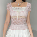 Lace Square Neck Short Sleeve Top   HA0342