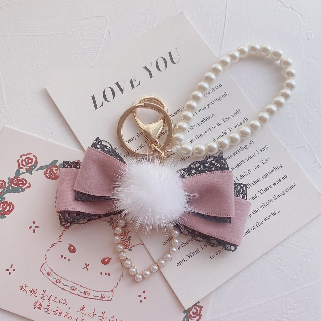 Mink Fur Ball Bow Keychain   HA1568