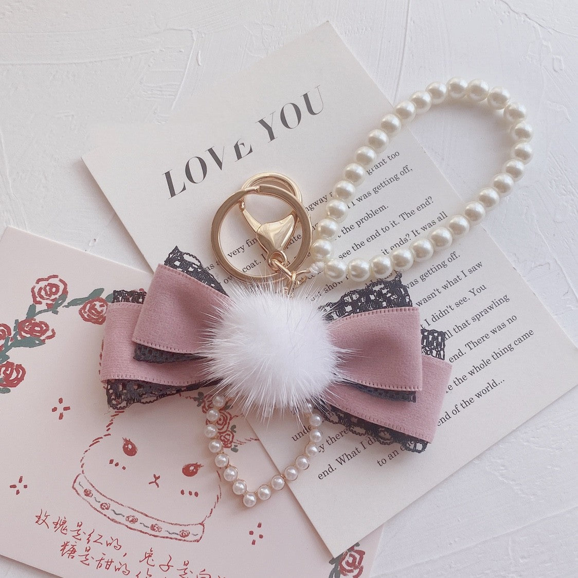 Mink Fur Ball Bow Keychain   HA1568