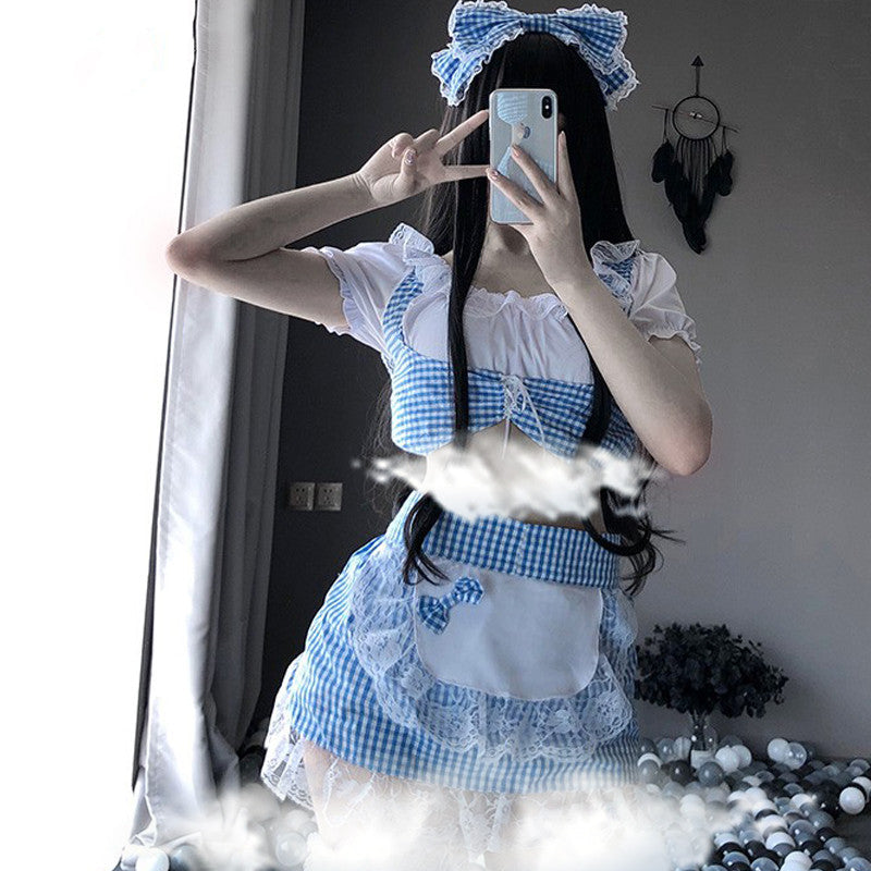 Lace Blue Grid Maid Dress    HA0338