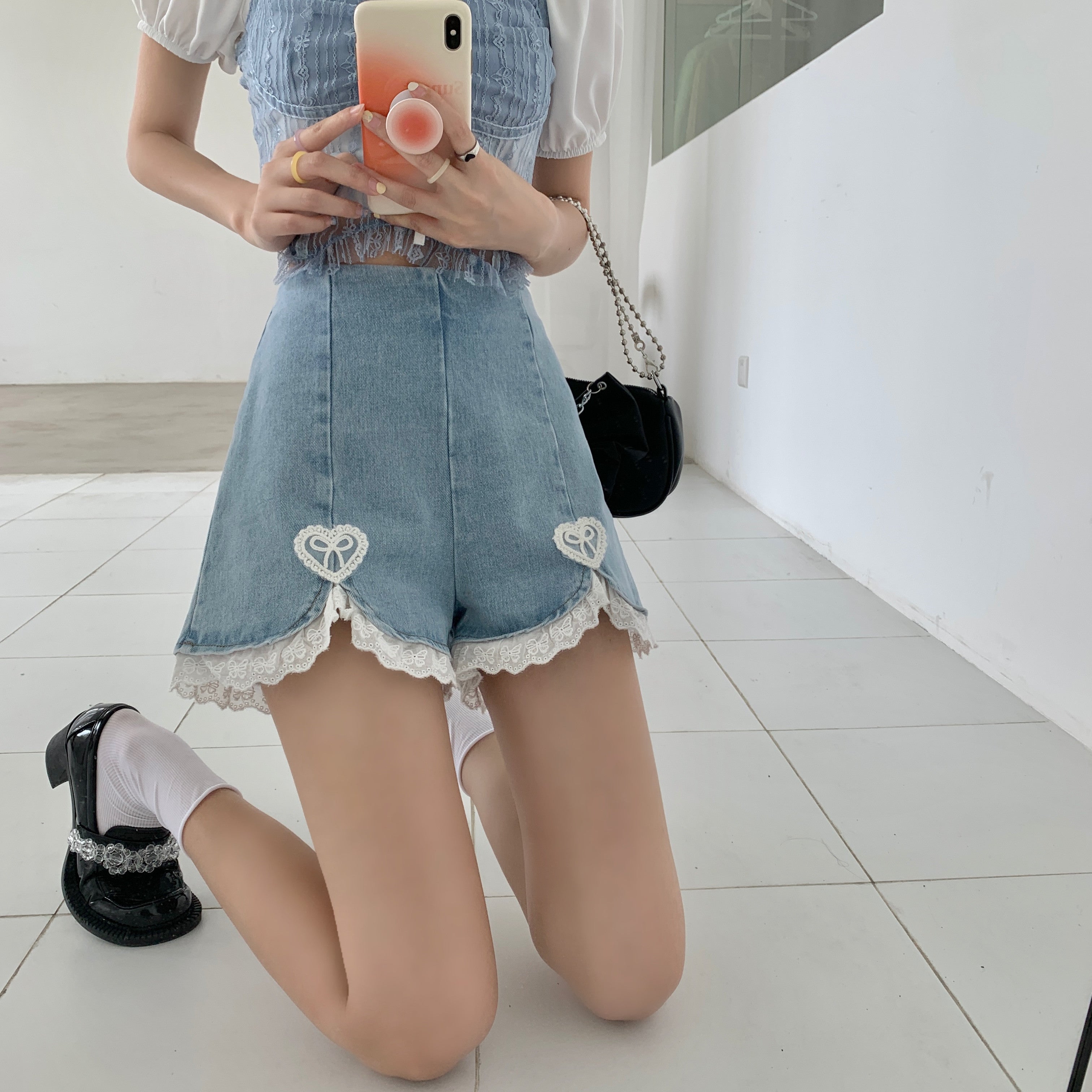 Lace denim shorts HA0481