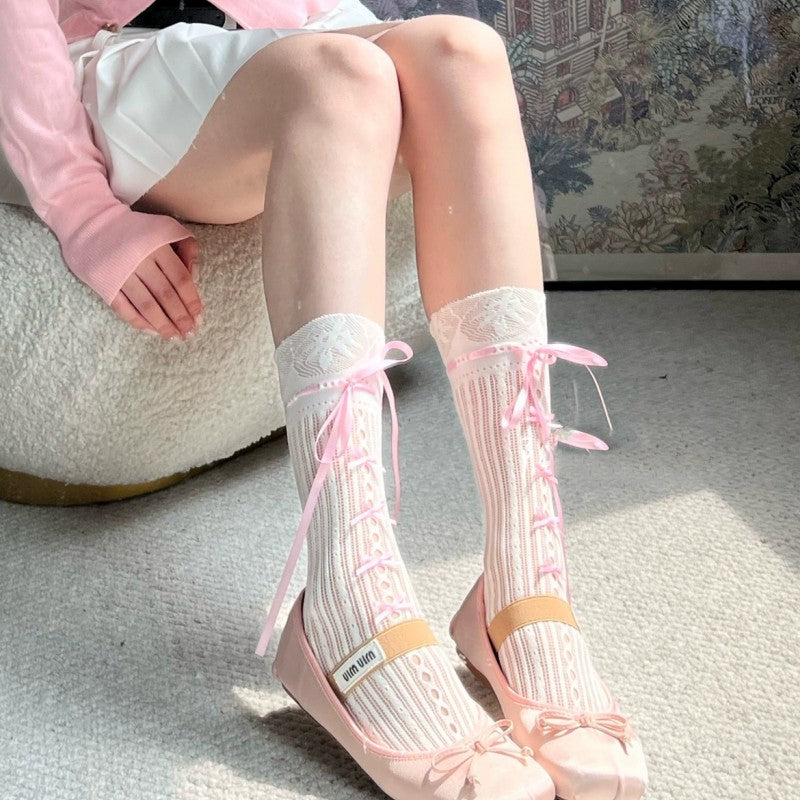 Ribbon Bow Striped Fishnet Socks  HA1687