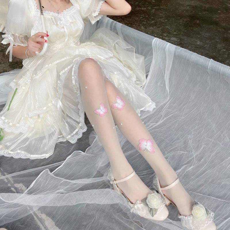 Pink and White Butterfly Socks    HA0539