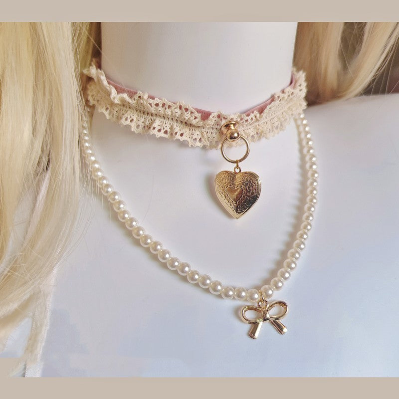Heart Pendant Pearl Bow Necklace   HA1678
