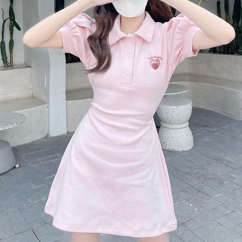 Waist-embroidered puff sleeve polo skirt    HA0695