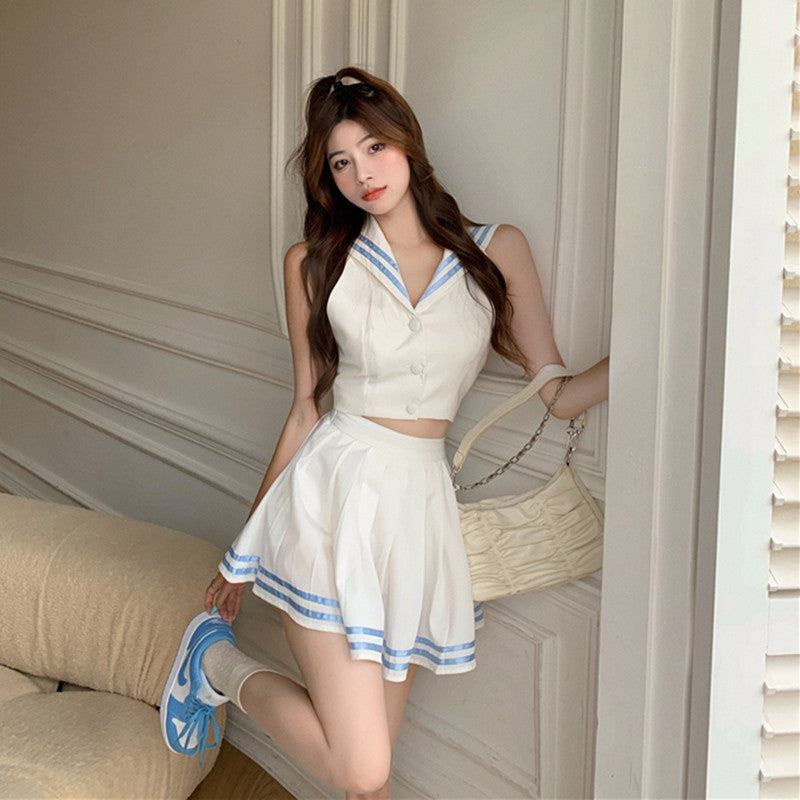 Backless Navy Collar Top Pleated Skirt Two Piece  HA1136