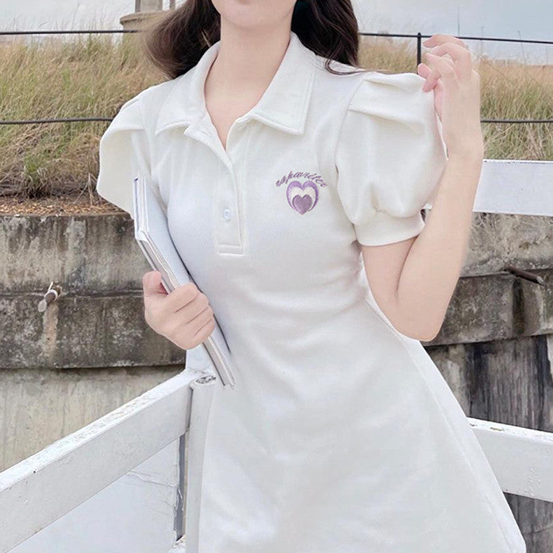 Waist-embroidered puff sleeve polo skirt    HA0695