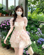 Square Neck Puff Sleeve Floral Dress  HA0665