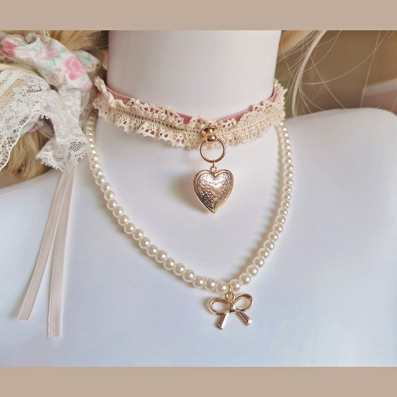 Heart Pendant Pearl Bow Necklace   HA1678