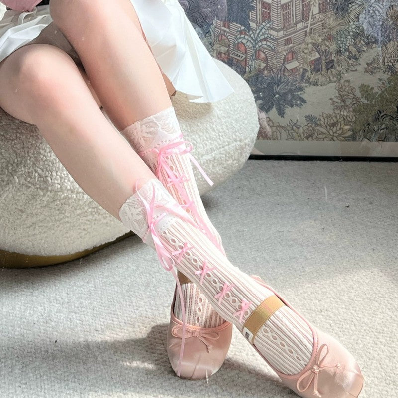 Ribbon Bow Striped Fishnet Socks  HA1687